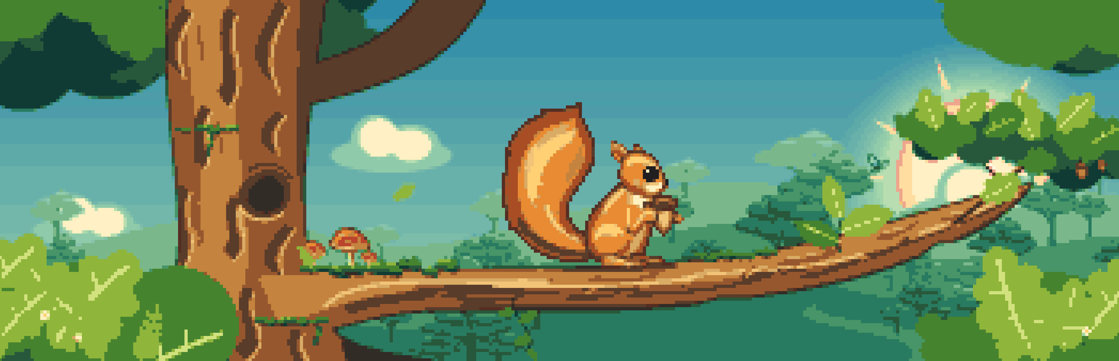 Pixel artwork of a squirrel holding an acorn on a leafy oak branch