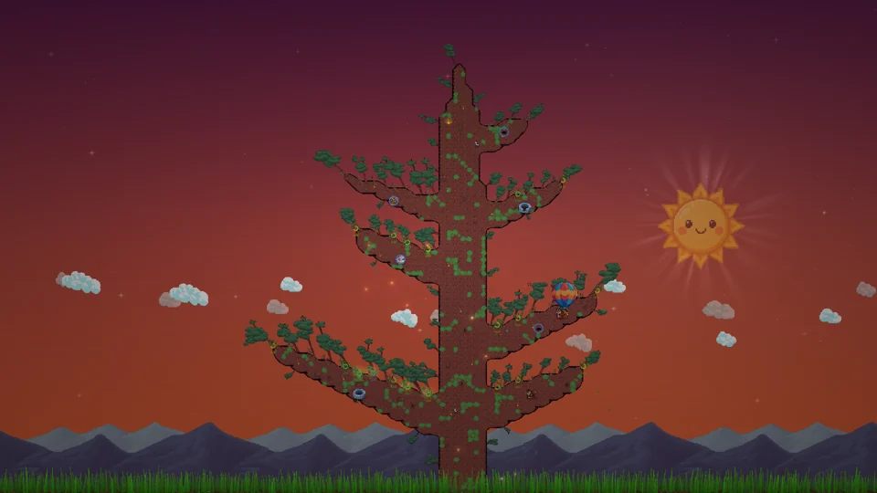 A towering tree in Evergrowing at sunset